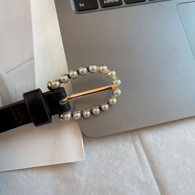 Vintage Faux Pearl Pin Buckle Belt for Women