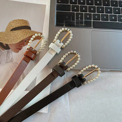 Vintage Faux Pearl Pin Buckle Belt for Women