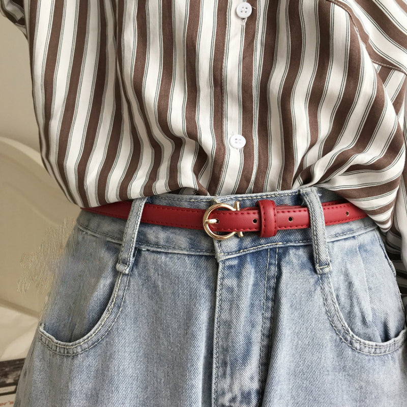 Vintage Round Buckle Thin Belt Classic Solid PU Leather Waistband