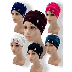 Vintage Beaded Turban Cap Velvet Head Wrap Elastic Beanie Headscarf