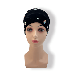Vintage Beaded Turban Cap Velvet Head Wrap Elastic Beanie Headscarf