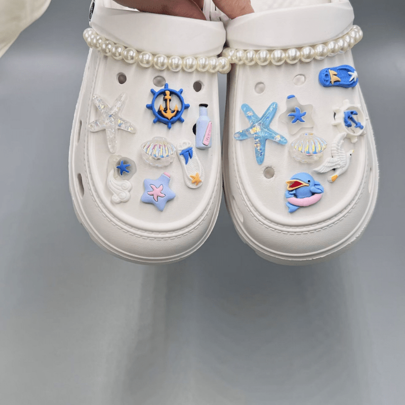 14pcs Shoe Charms Set with 2 Chains for Crocs - Starfish & Shell Design