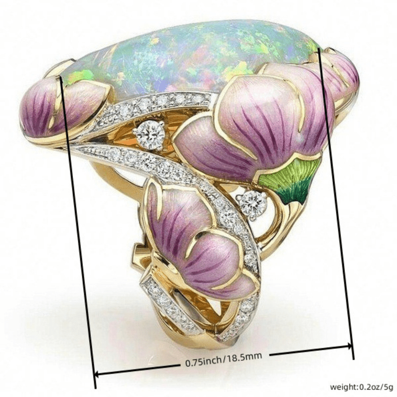 Flower Ring 14k Plated Zircon Inlaid Opal Egg Shape Center