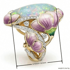 Flower Ring 14k Plated Zircon Inlaid Opal Egg Shape Center