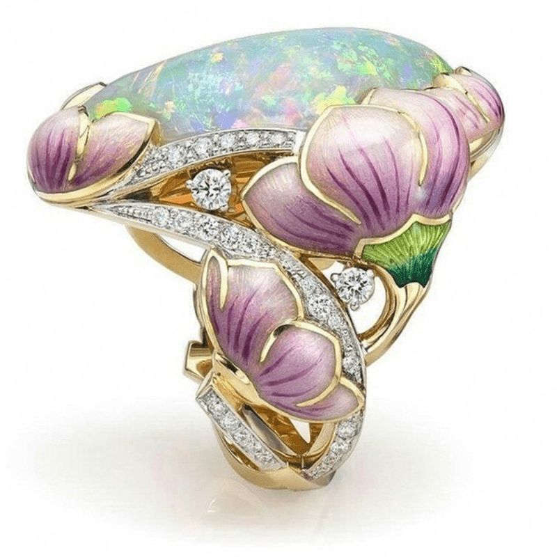 Flower Ring 14k Plated Zircon Inlaid Opal Egg Shape Center
