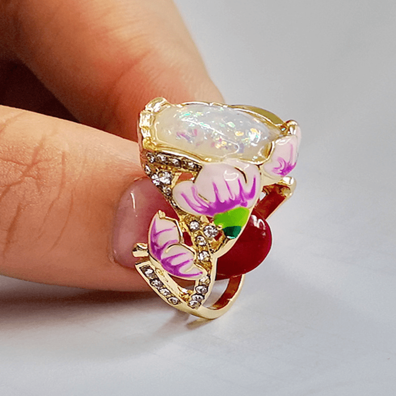 Flower Ring 14k Plated Zircon Inlaid Opal Egg Shape Center