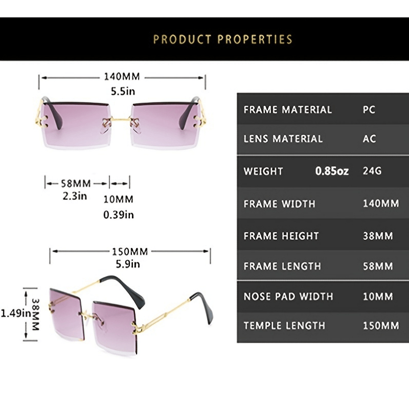 Rimless Sunglasses Gradient Metal Temple UV400
