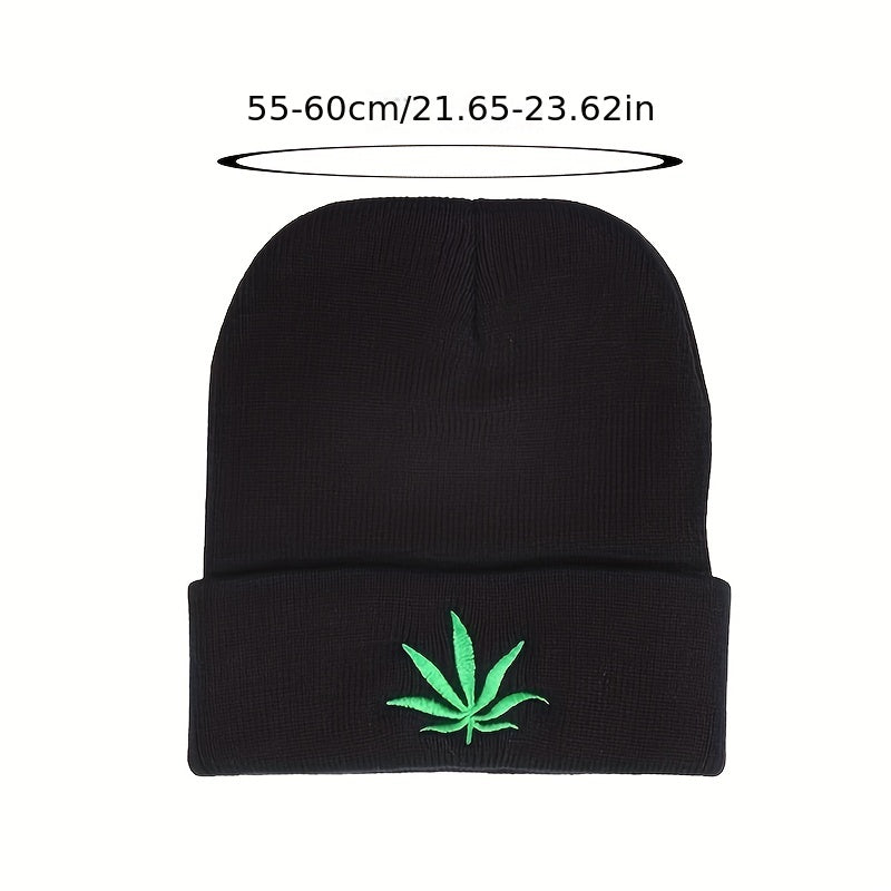 Plant Embroidery Rolled Edge Beanie Hat Solid Outdoor Hip Hop Thermal Warm Winte