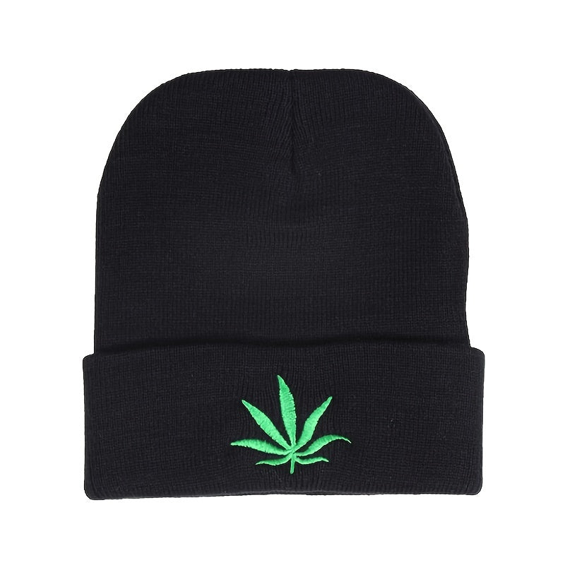 Plant Embroidery Rolled Edge Beanie Hat Solid Outdoor Hip Hop Thermal Warm Winte