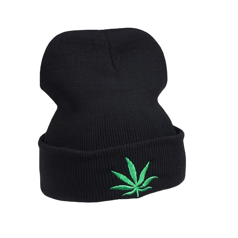 Plant Embroidery Rolled Edge Beanie Hat Solid Outdoor Hip Hop Thermal Warm Winte