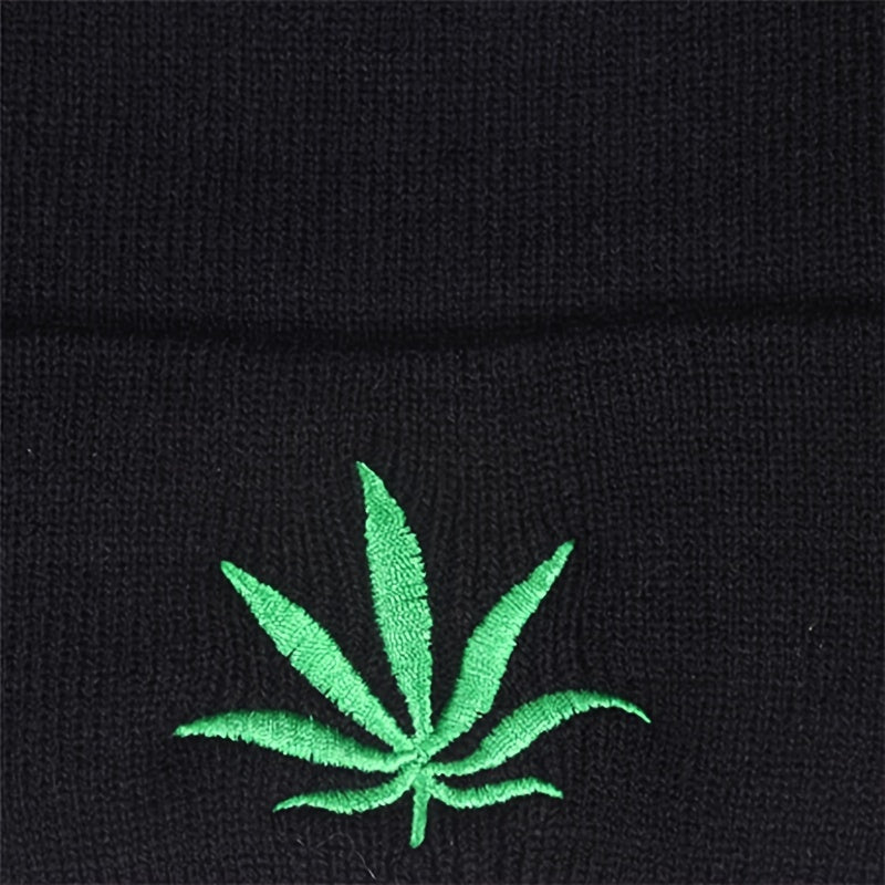 Plant Embroidery Rolled Edge Beanie Hat Solid Outdoor Hip Hop Thermal Warm Winte