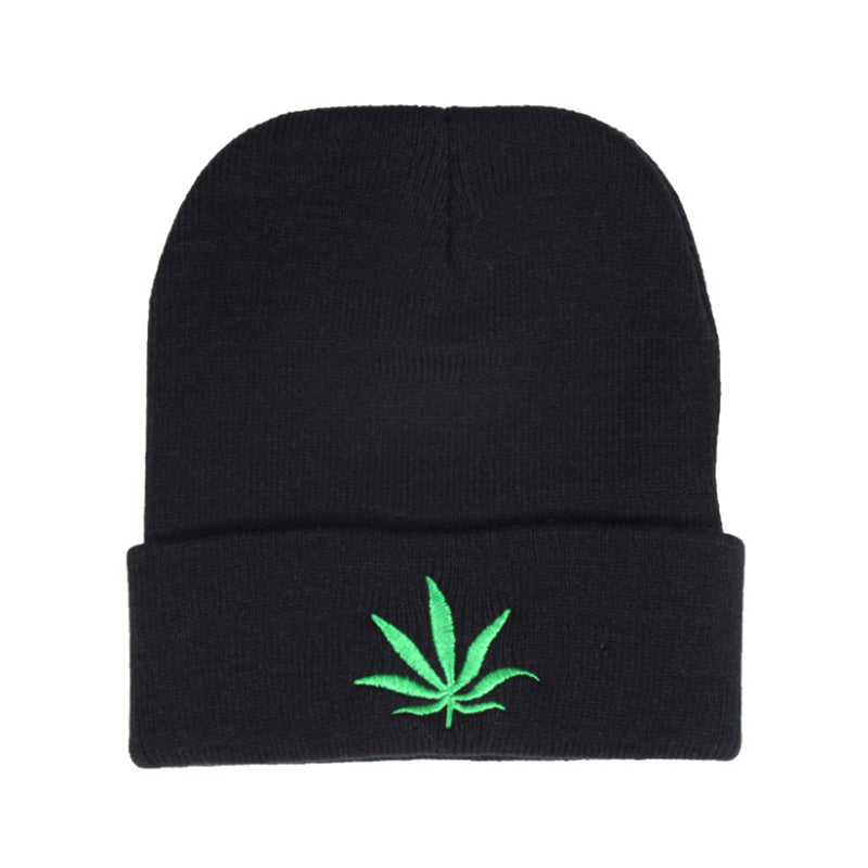 Plant Embroidery Rolled Edge Beanie Hat Solid Outdoor Hip Hop Thermal Warm Winte