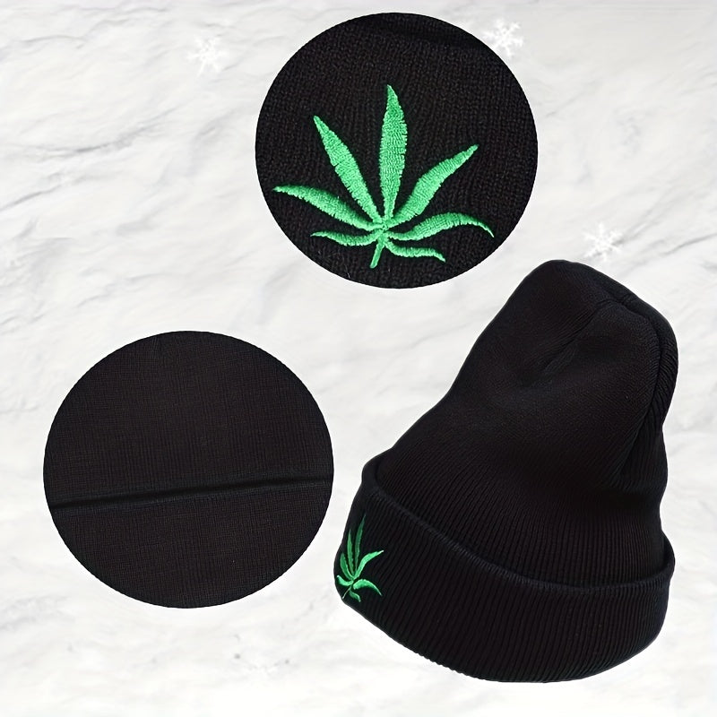 Plant Embroidery Rolled Edge Beanie Hat Solid Outdoor Hip Hop Thermal Warm Winte