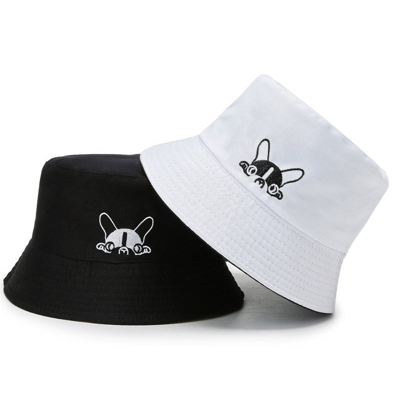 Dog Embroidery Reversible Bucket Hat Unisex Couple Fisherman Cap