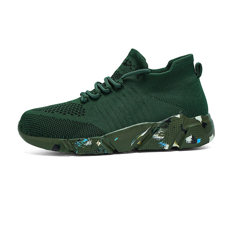 Women's Green Woven Running Shoes Lace Up Breathable Socks Shoes