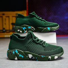 Women's Green Woven Running Shoes Lace Up Breathable Socks Shoes