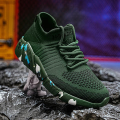 Women's Green Woven Running Shoes Lace Up Breathable Socks Shoes