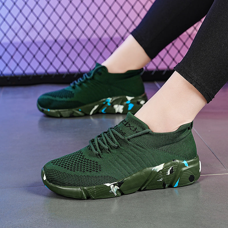 Women's Green Woven Running Shoes Lace Up Breathable Socks Shoes