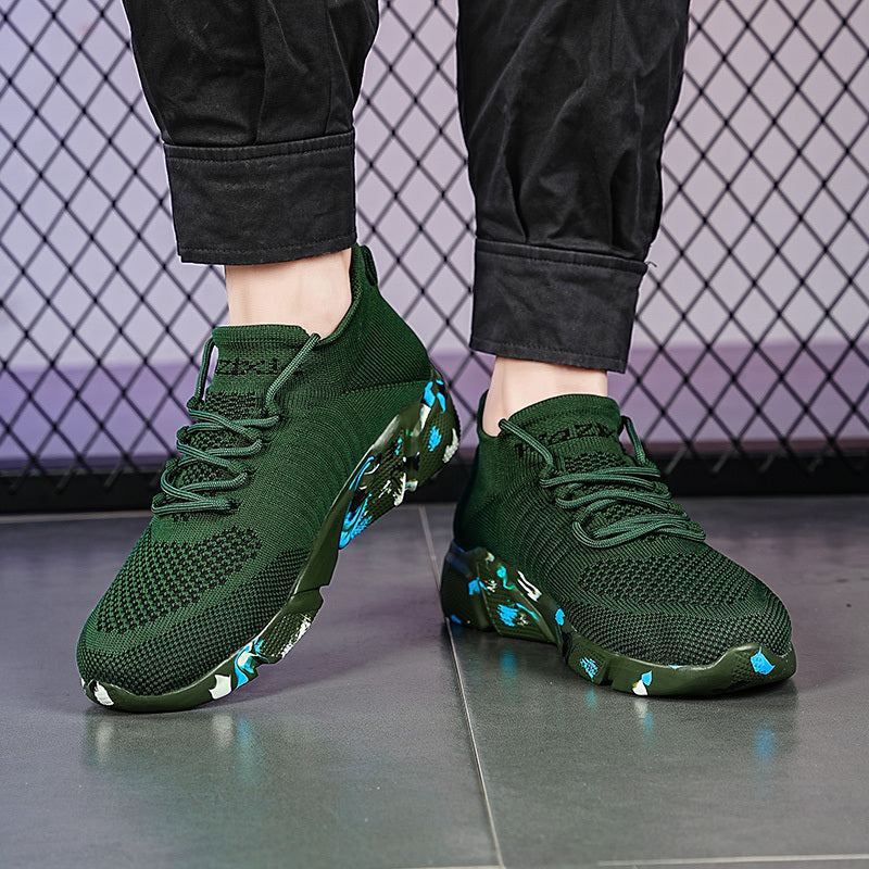 Women's Green Woven Running Shoes Lace Up Breathable Socks Shoes
