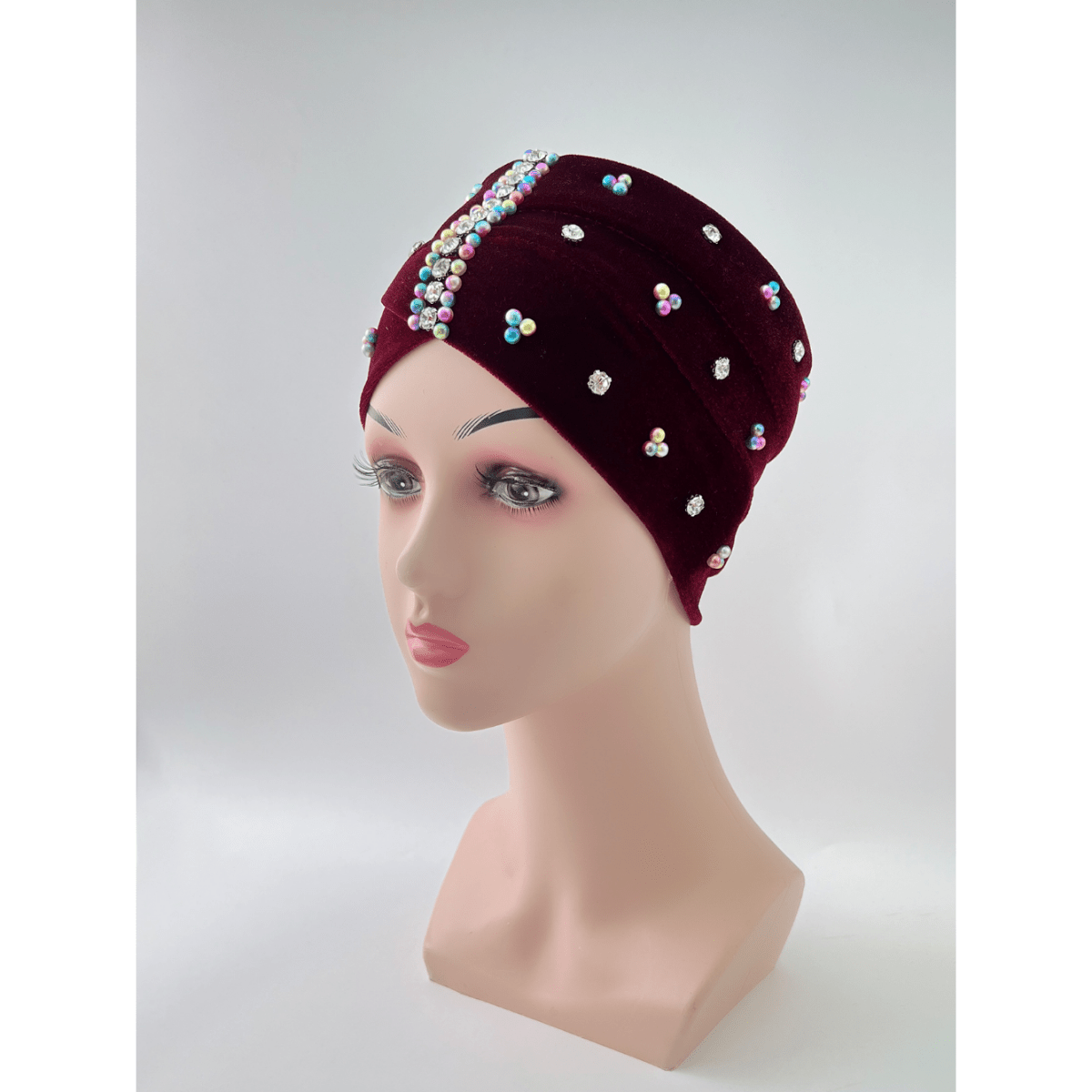 Colorful Beads Decor Turban Cap Rhinestone Striped Velvet Head Wrap