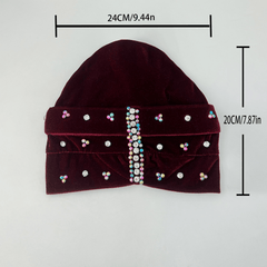 Colorful Beads Decor Turban Cap Rhinestone Striped Velvet Head Wrap
