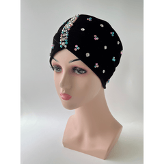 Colorful Beads Decor Turban Cap Rhinestone Striped Velvet Head Wrap