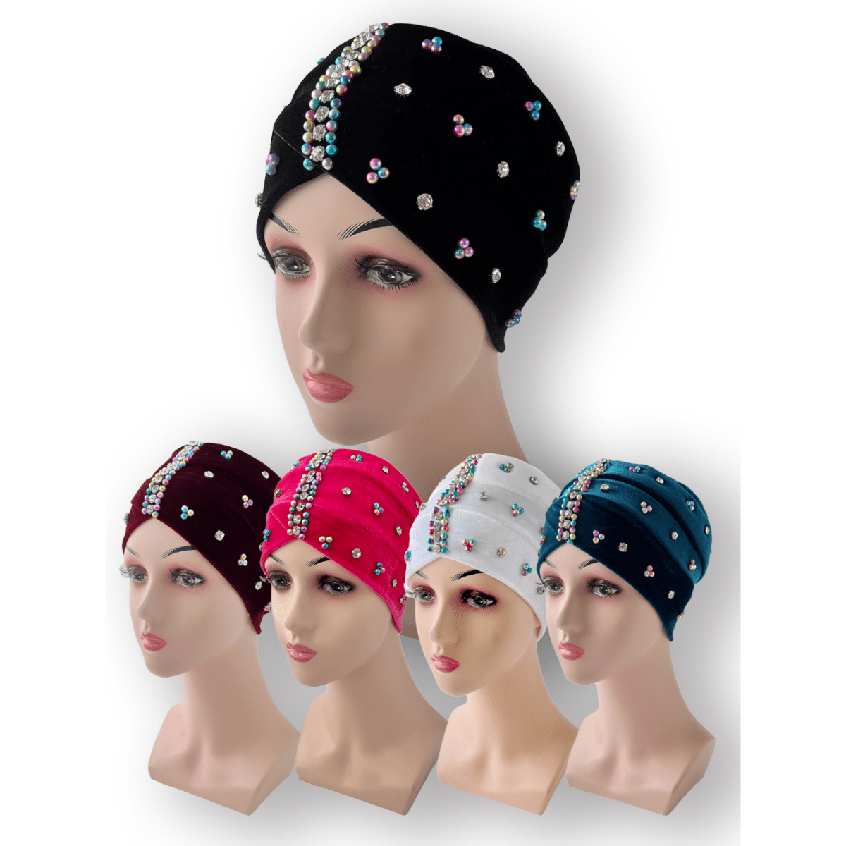 Colorful Beads Decor Turban Cap Rhinestone Striped Velvet Head Wrap