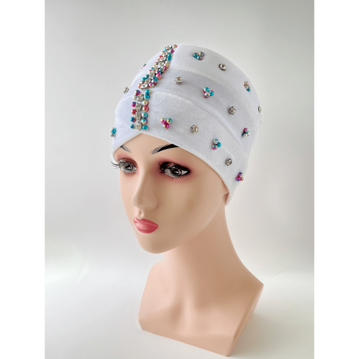 Colorful Beads Decor Turban Cap Rhinestone Striped Velvet Head Wrap
