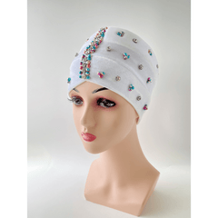 Colorful Beads Decor Turban Cap Rhinestone Striped Velvet Head Wrap