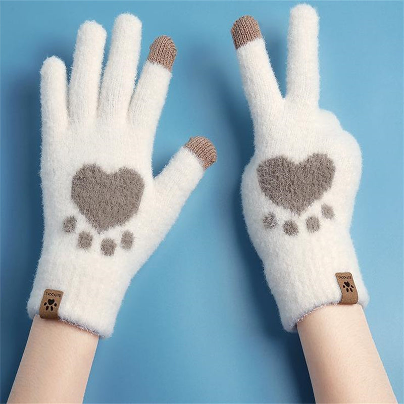 Women's Cat Paw Print Touch Screen Knitted Winter Gloves