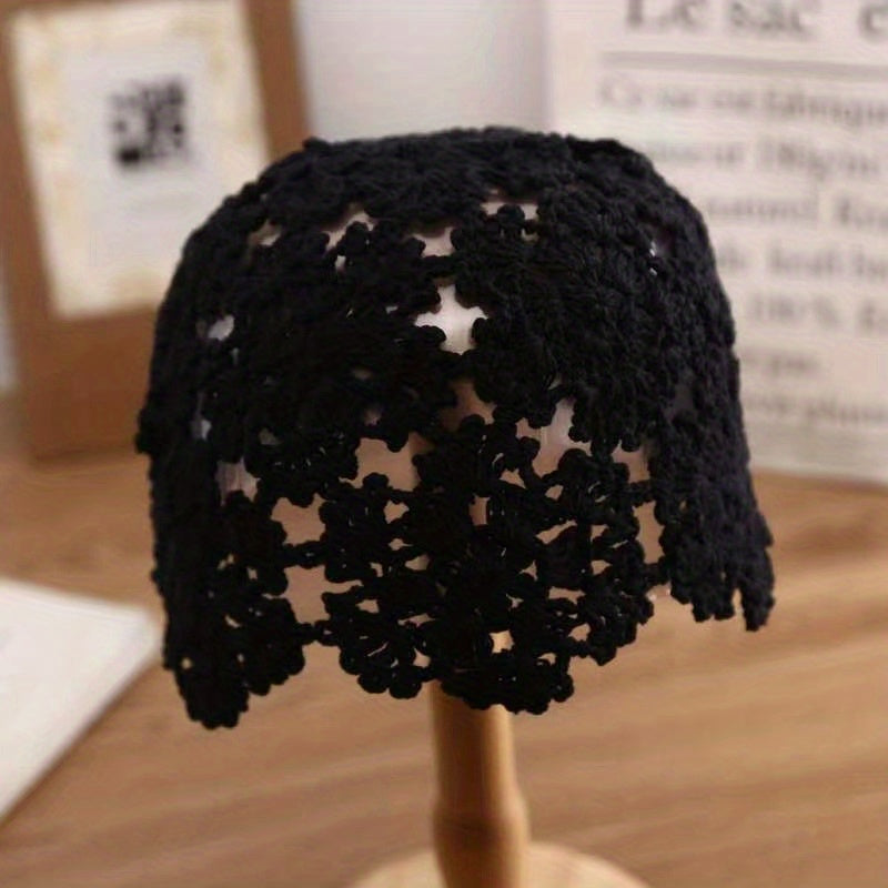 Solid Crochet Beanie Flower Hollow Out Beanie Elastic Knitted Cloche Hat