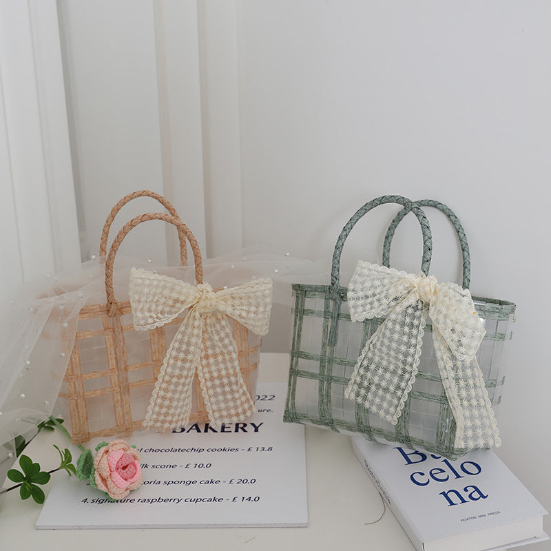 Straw Woven Gift Bag with Transparent Bowknot Decor