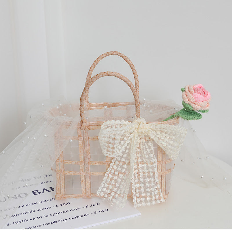 Straw Woven Gift Bag with Transparent Bowknot Decor