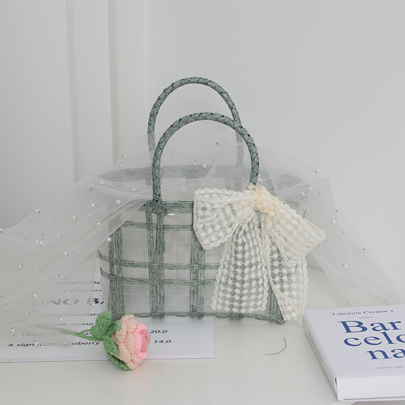 Straw Woven Gift Bag with Transparent Bowknot Decor