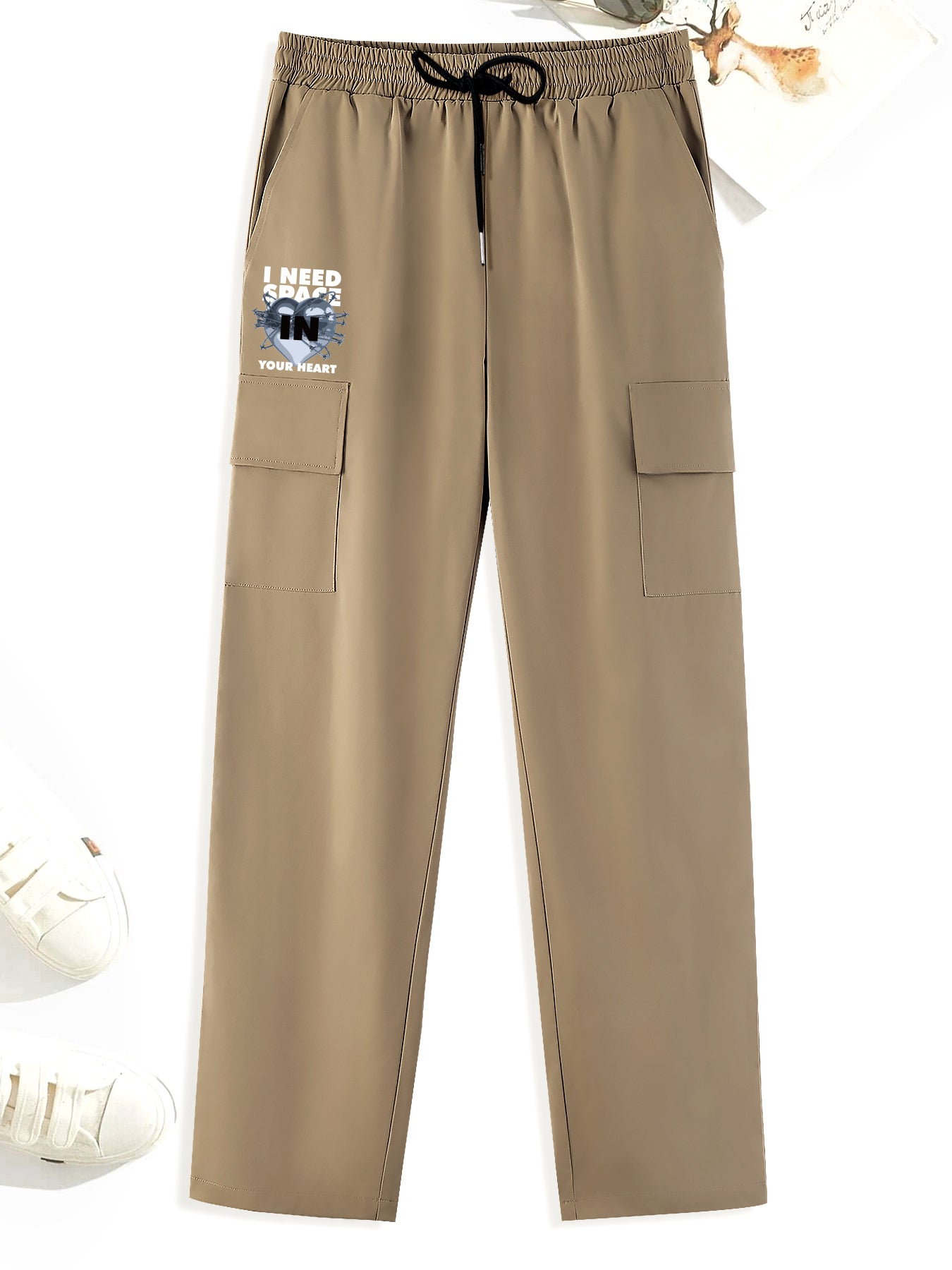 Letters Print Cargo Pants Men s Straight Leg Drawstring Cargo Pants