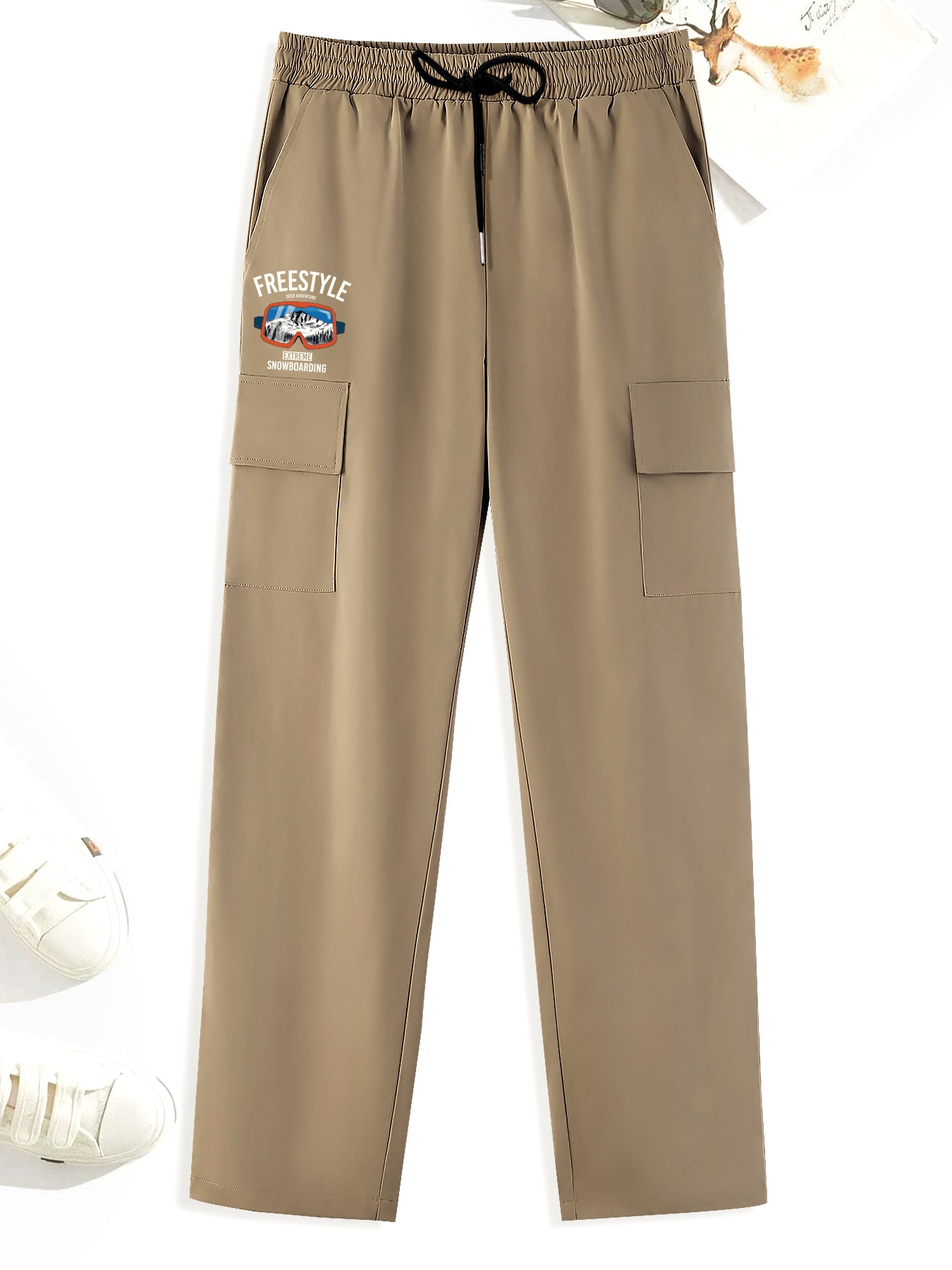Creative Pattern Print Cargo Pants Men's Straight Leg Drawstring Cargo Pants