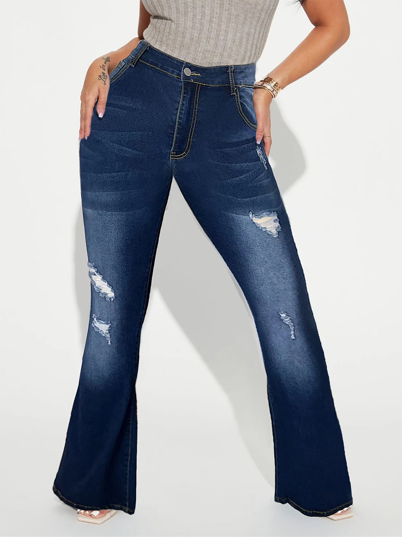  Y2K Ripped Button Up Flare Jeans With Butterfly Pockets