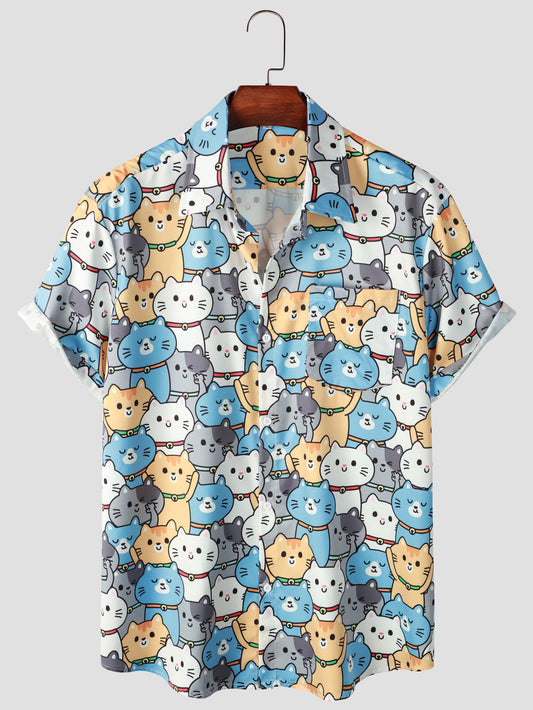 Cat Print Men's Casual Short Sleeve Shirt for Summer Vacation