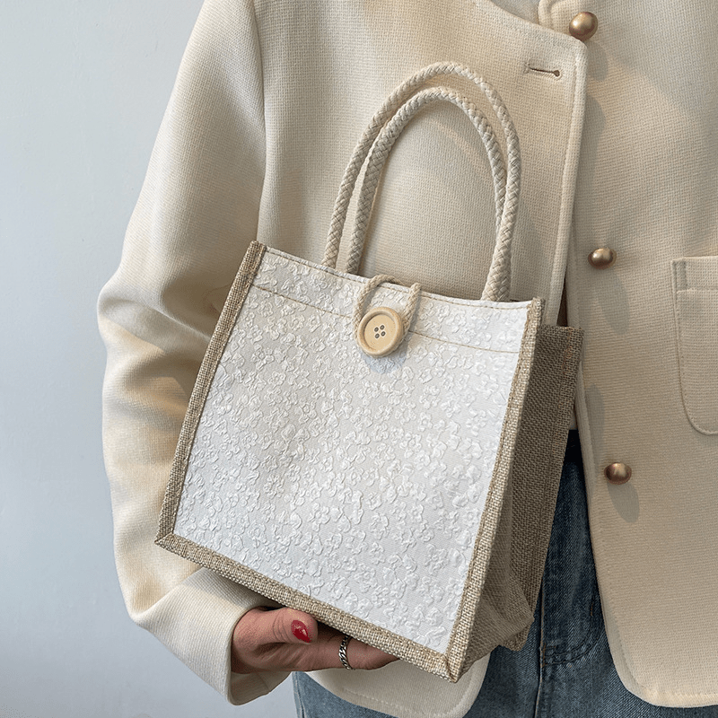 Floral Pattern Burlap Handbag Portable Lunch Box Bag