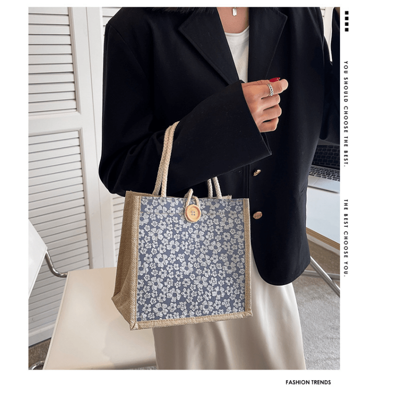 Floral Pattern Burlap Handbag Portable Lunch Box Bag