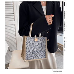 Floral Pattern Burlap Handbag Portable Lunch Box Bag