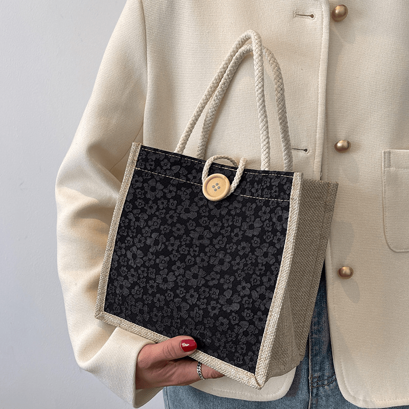 Floral Pattern Burlap Handbag Portable Lunch Box Bag