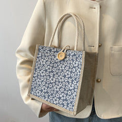 Floral Pattern Burlap Handbag Portable Lunch Box Bag