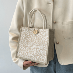 Floral Pattern Burlap Handbag Portable Lunch Box Bag