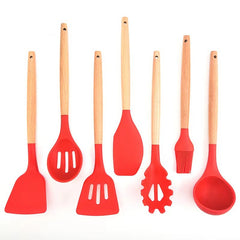 7pcs Silicone Kitchen Utensils with Wooden Handles Set