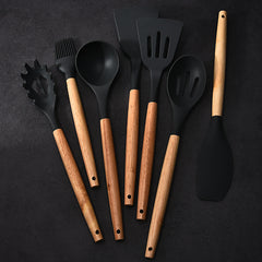 7pcs Silicone Kitchen Utensils with Wooden Handles Set