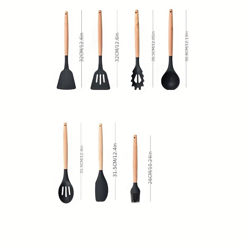 7pcs Silicone Kitchen Utensils with Wooden Handles Set