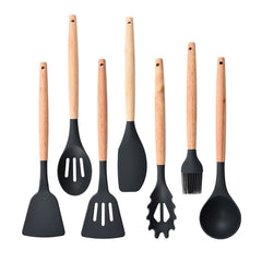 7pcs Silicone Kitchen Utensils with Wooden Handles Set