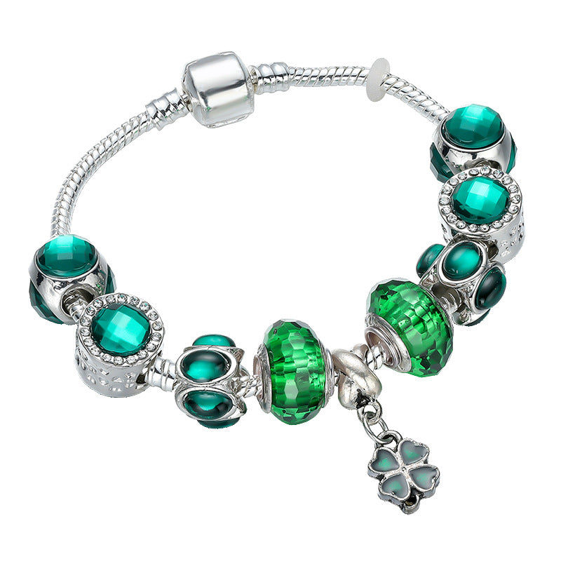 Four Clover Women Silvery Bracelet Green Stone DIY Bead Bangle