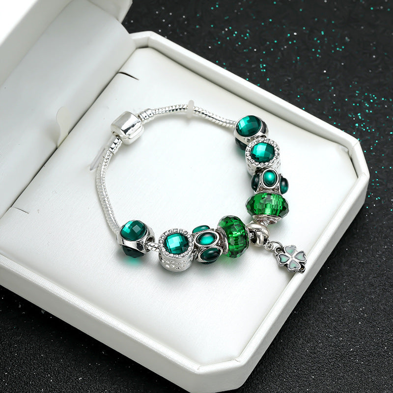 Four Clover Women Silvery Bracelet Green Stone DIY Bead Bangle